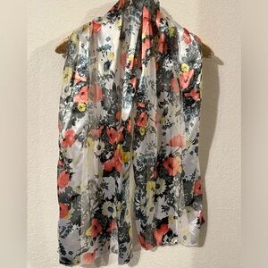 Vintage Silk Feel Scarf Korea Rectangular Floral Sage Yellow Peach 13.5 X 57 in